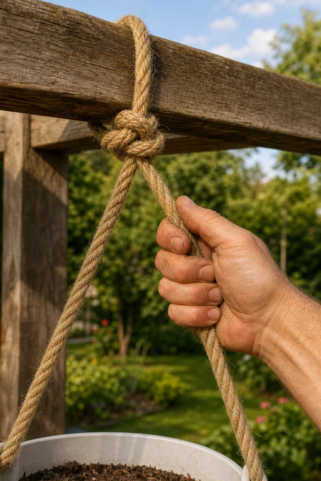 Hand zieht das Befestigungsseil eines hängenden Gurkeneimers straff