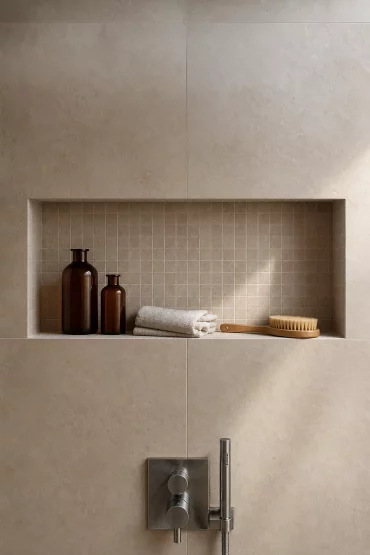 Gemauerte Ablage-Nische mit Pflegeprodukten in der Dusche