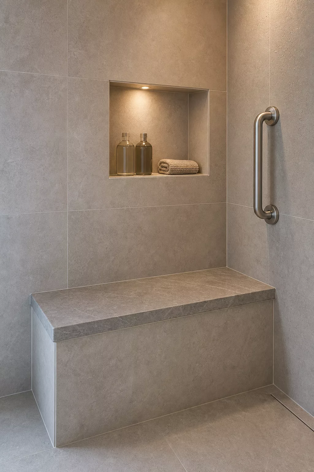 Eingebaute Sitzbank in gemauerter Dusche mit Naturstein-Optik