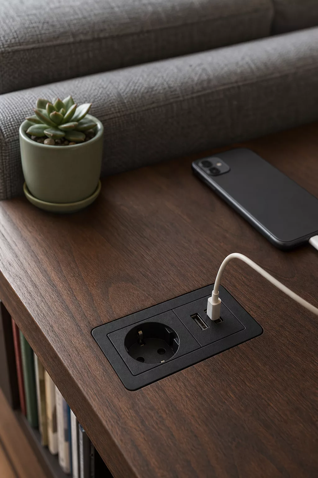 Eingebaute Steckdose mit USB-Anschluss in der Sofa-Ablage