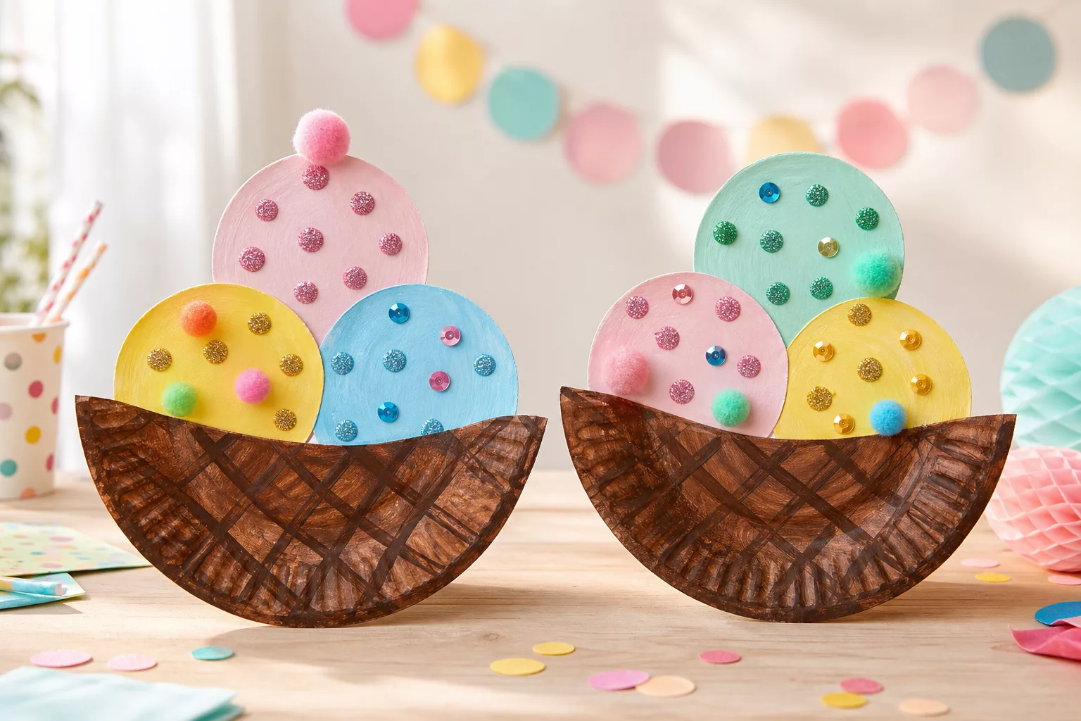 Zwei Eis-Waffeln aus Pappteller mit bunten Kugeln und Bommel-Kirsche
