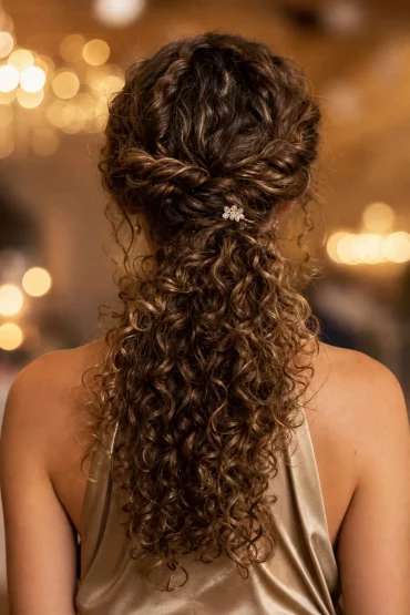 Eleganter Low Ponytail mit verdrehtem Deckhaar auf Naturlocken