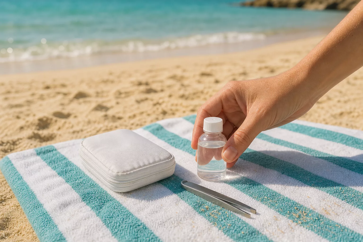 Erste-Hilfe-Set mit Essigflasche liegt auf Strandtuch