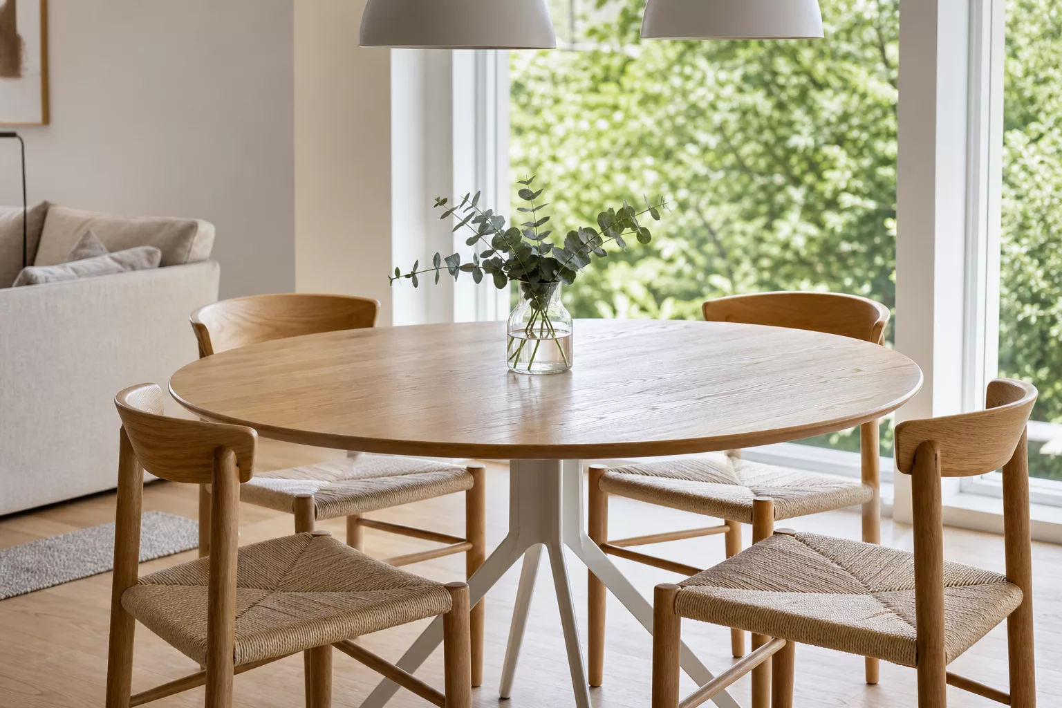 Runder Esstisch als Essplatz im Wohnzimmer integriert
