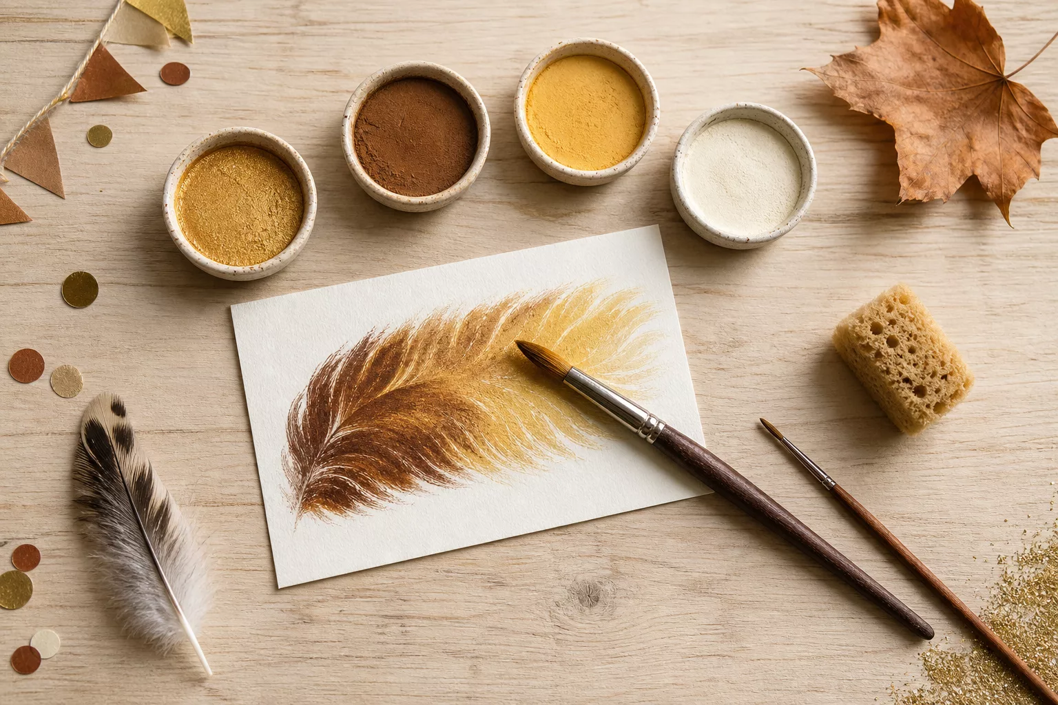 Eulenschminke in Gold und Braun als Materialflatlay mit Pinseln