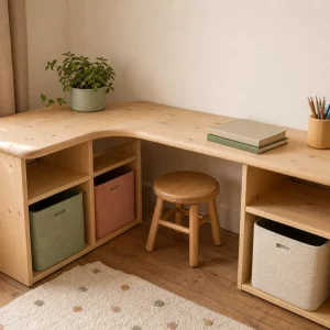 Selbstgebauter Eckschreibtisch mit Ikea-Trofast-Regalen im Kinderzimmer