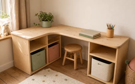 Selbstgebauter Eckschreibtisch mit Ikea-Trofast-Regalen im Kinderzimmer