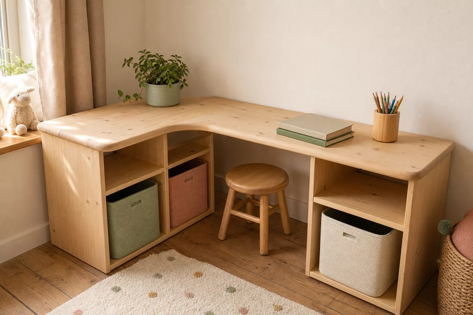 Selbstgebauter Eckschreibtisch mit Ikea-Trofast-Regalen im Kinderzimmer