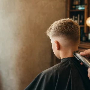 Junge bekommt modernen Fade-Haarschnitt beim Frisör