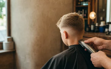 Junge bekommt modernen Fade-Haarschnitt beim Frisör