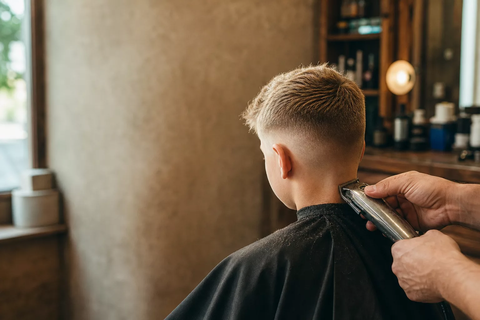 Junge bekommt modernen Fade-Haarschnitt beim Frisör