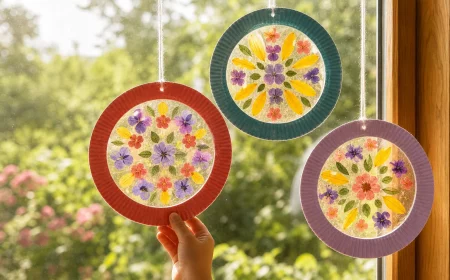 Fensterbilder basteln mit gepressten Sommerblumen im Fenster