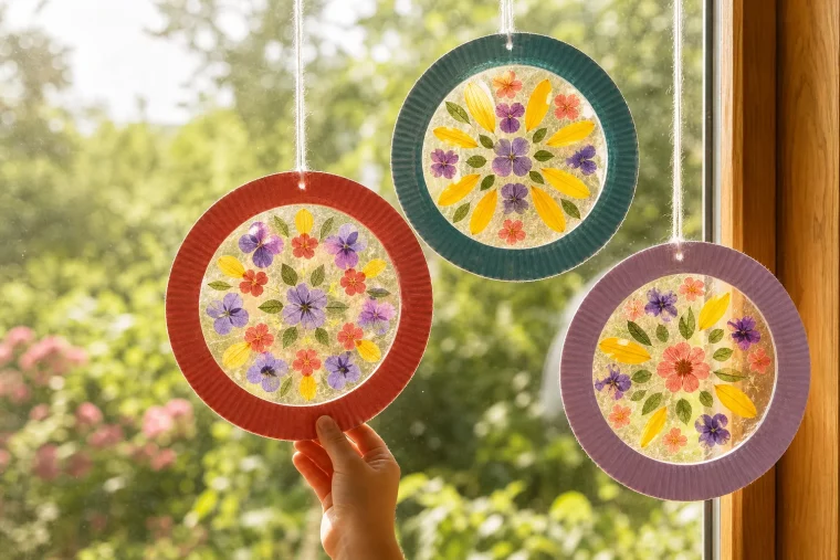 Fensterbilder basteln mit gepressten Sommerblumen im Fenster