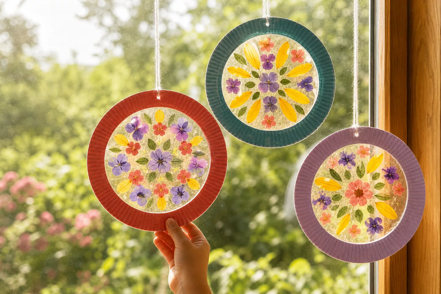 Fensterbilder basteln mit gepressten Sommerblumen im Fenster