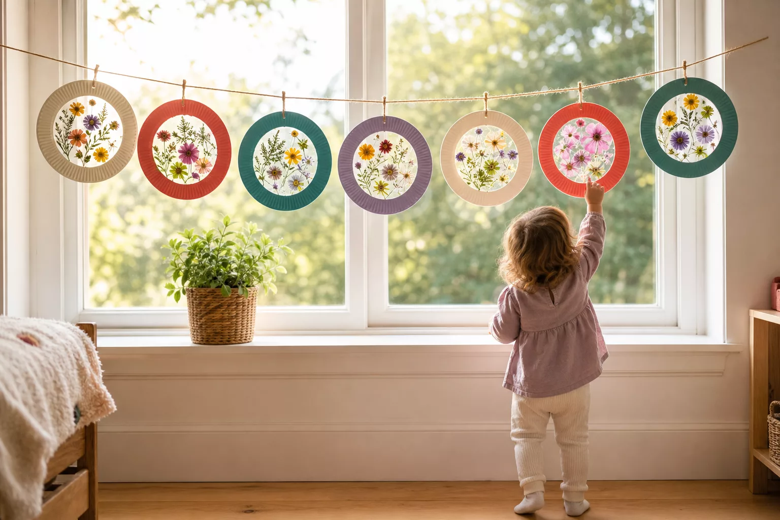 Fensterbilder als Girlande im Kinderzimmerfenster