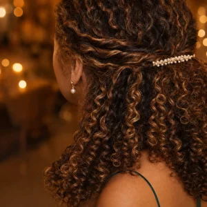 Elegante Frisuren für Naturlocken: halboffene Locken mit Perlenschmuck zum Abendkleid