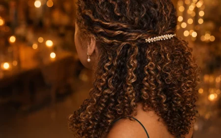 Elegante Frisuren für Naturlocken: halboffene Locken mit Perlenschmuck zum Abendkleid