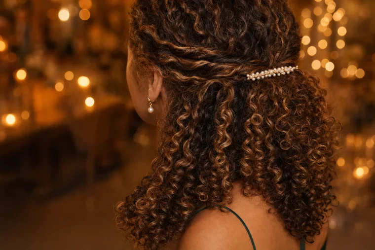 Elegante Frisuren für Naturlocken: halboffene Locken mit Perlenschmuck zum Abendkleid