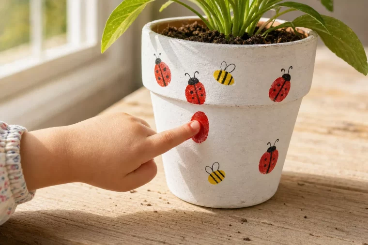 Blumentopf mit Fingerabdrücken bemalen: Marienkäfer und Biene entstehen