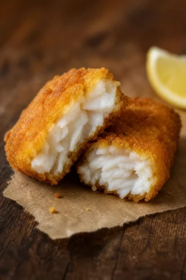 Aufgebrochenes Fischstäbchen zeigt saftigen Fischkern