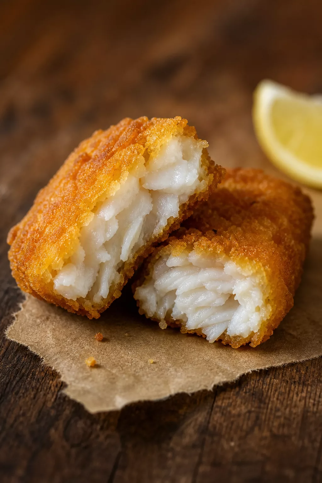 Aufgebrochenes Fischstäbchen zeigt saftigen Fischkern