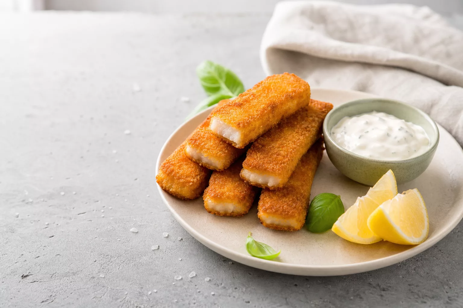 Fischstäbchen mit Dip und Zitrone serviert