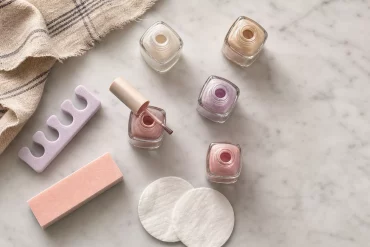 Flatlay mit Pearl-Nagellackfläschchen und Pediküre-Utensilien