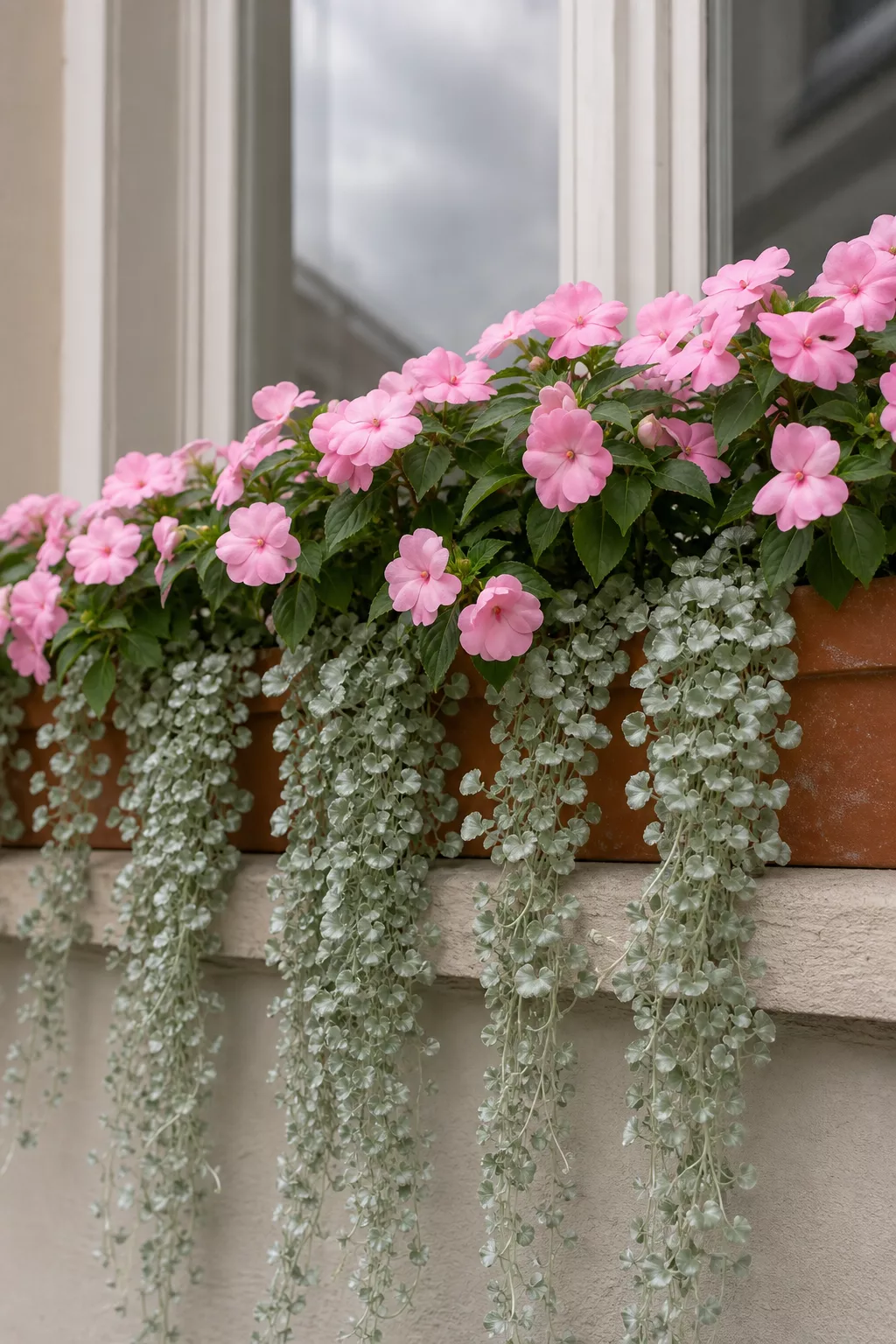 Fleißiges Lieschen Accent Pink mit Silberregen an schattiger Fensterbank