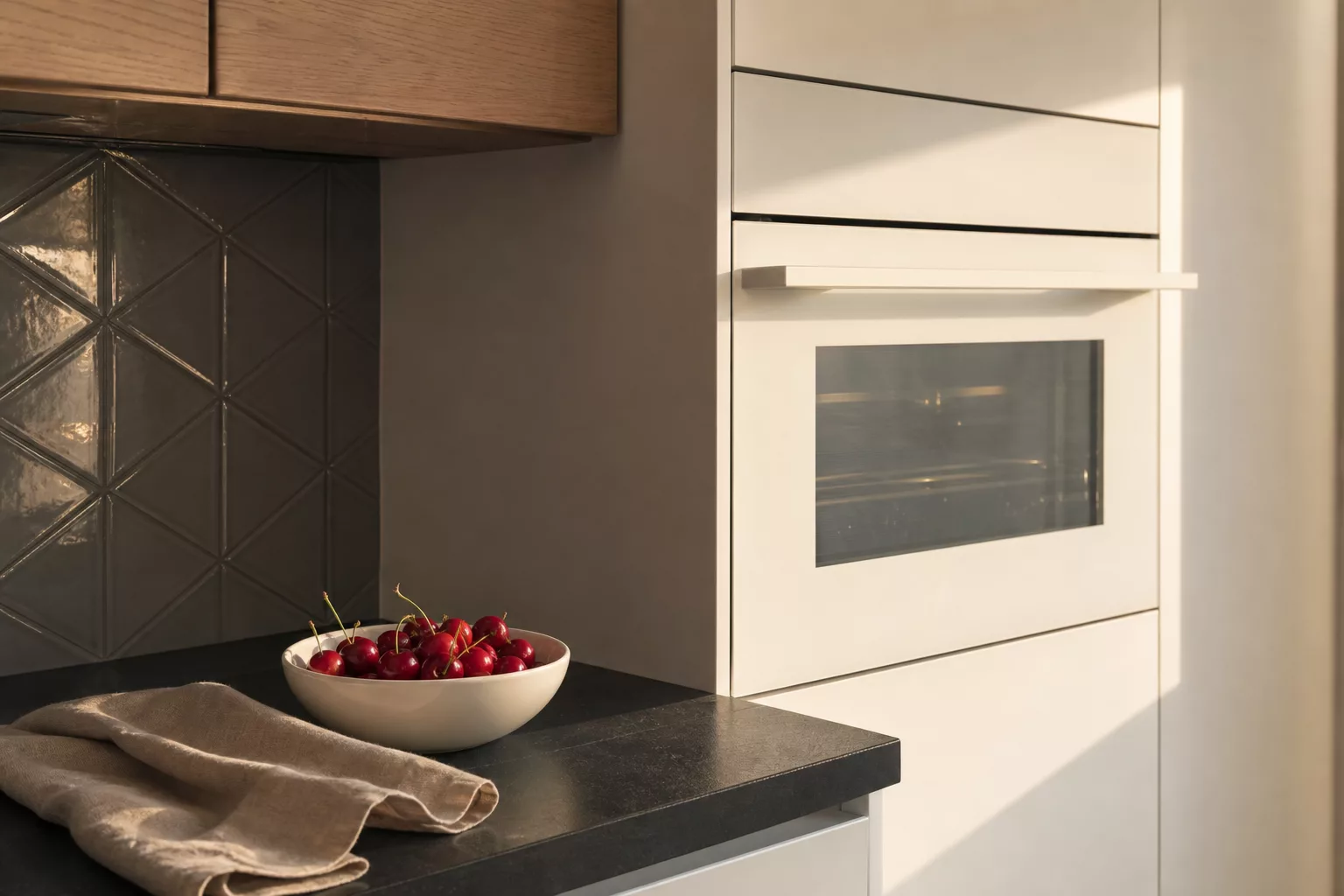 Geometrischer Fliesenspiegel neben Backofen im Hochschrank