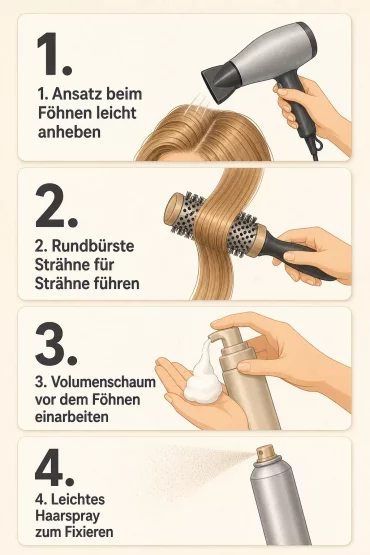 Grafik: vier Schritte für mehr Volumen beim Föhnen