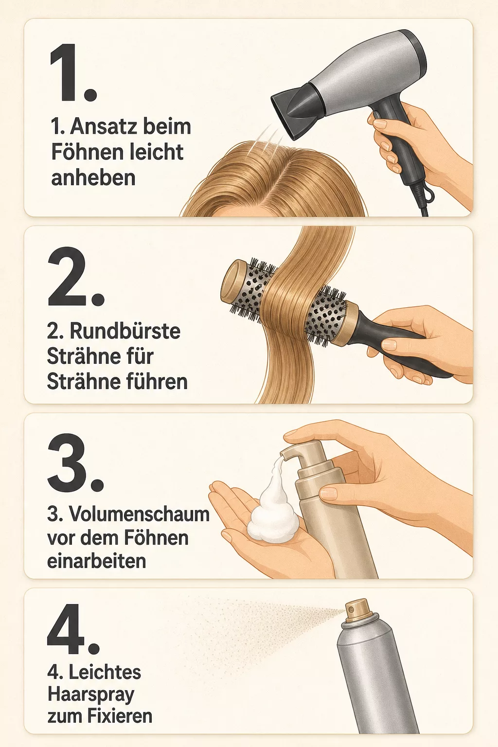 Grafik: vier Schritte für mehr Volumen beim Föhnen