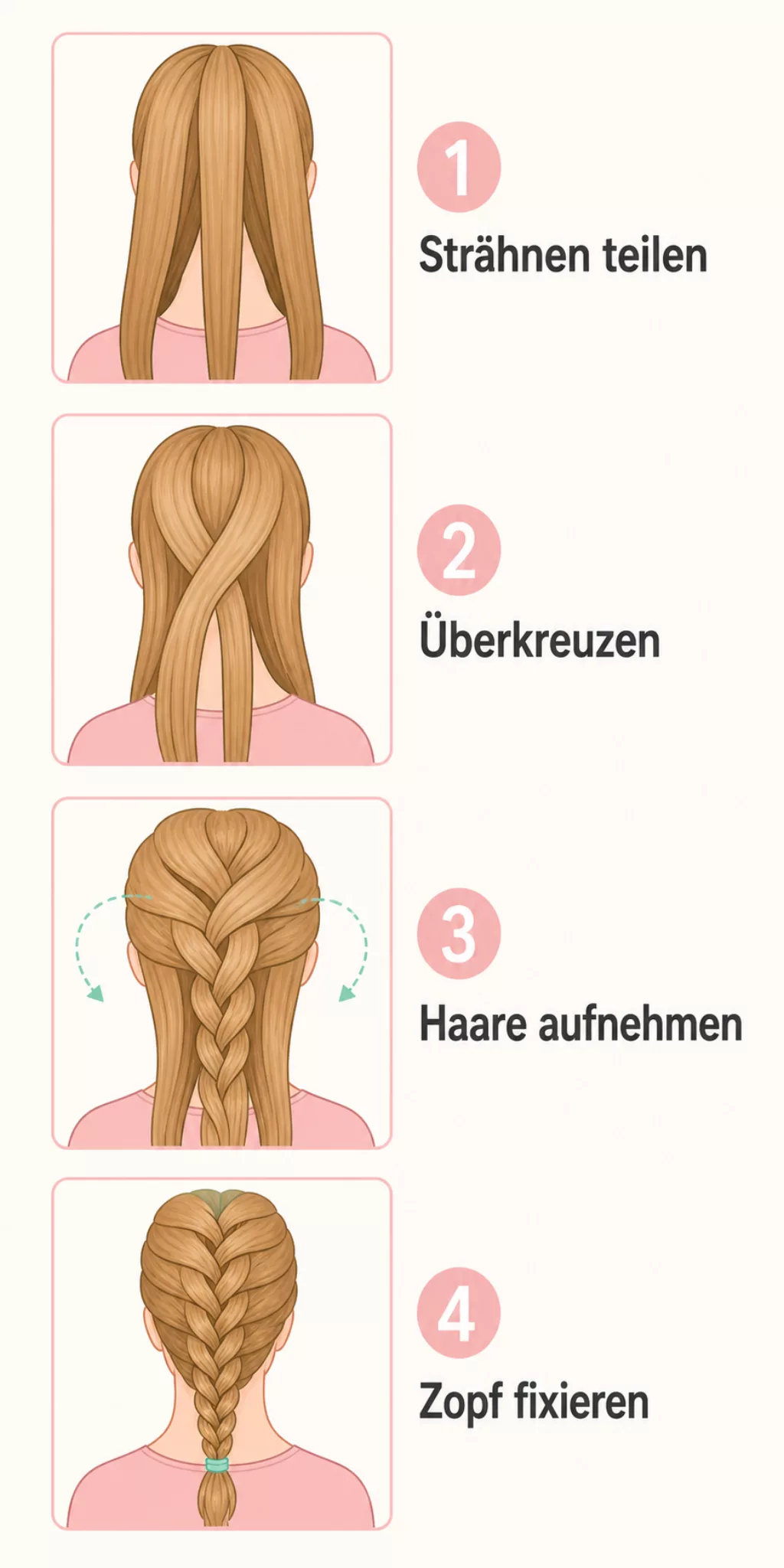 Grafik zeigt vier Schritte zum Flechten eines französischen Zopfs