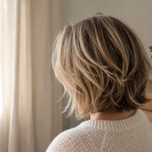 Freche Frisur für Frauen ab 60 mit texturiertem Bob und Balayage