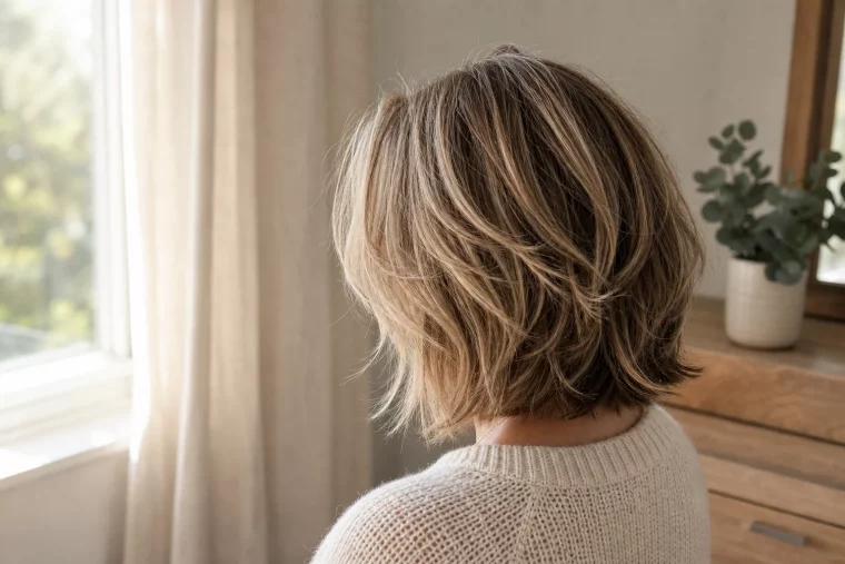 Freche Frisur für Frauen ab 60 mit texturiertem Bob und Balayage