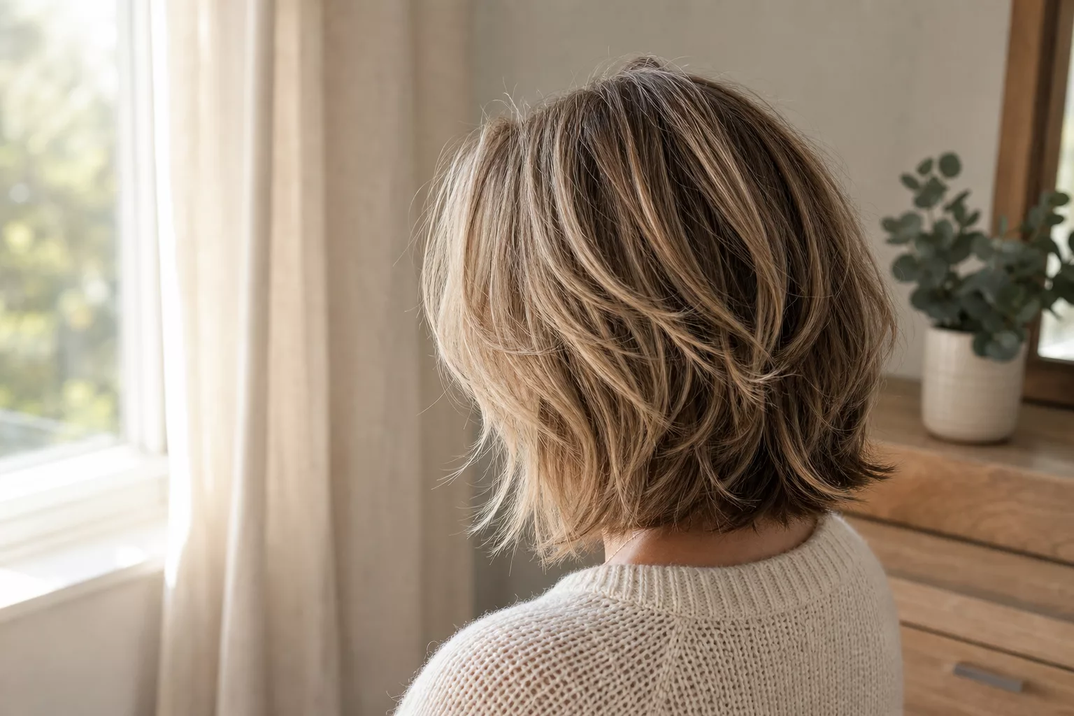 Freche Frisur für Frauen ab 60 mit texturiertem Bob und Balayage