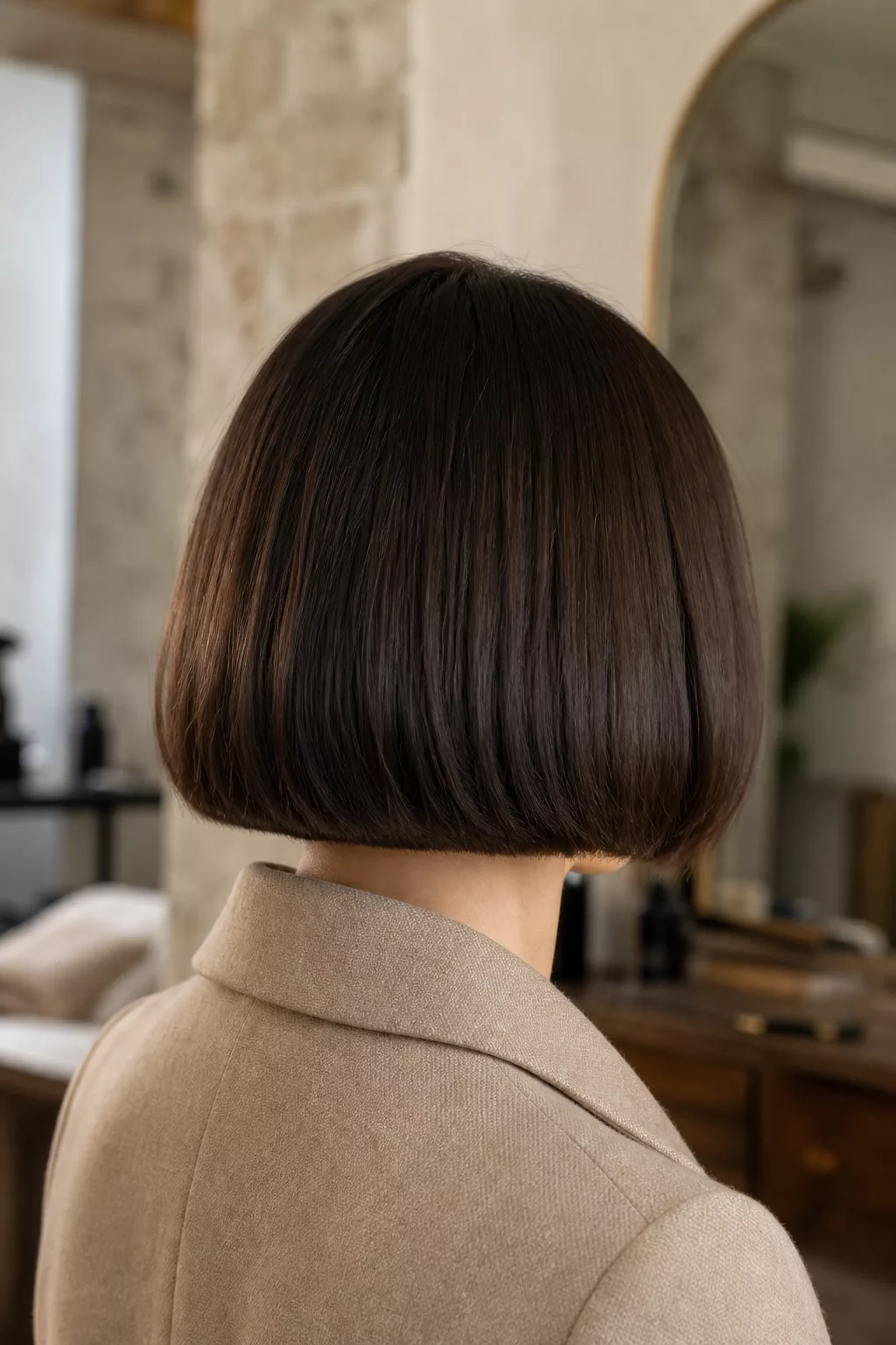 Eleganter French Bob, glatte glänzende Kontur von der Seite