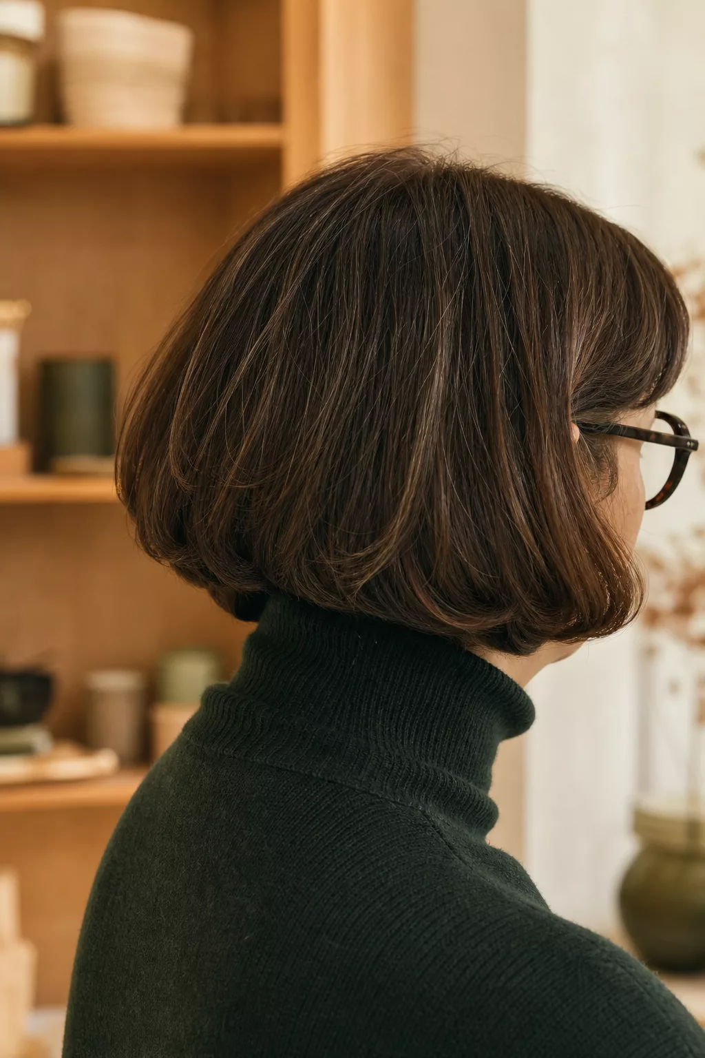 Kinnlanger French Bob mit Pony und runder Brille