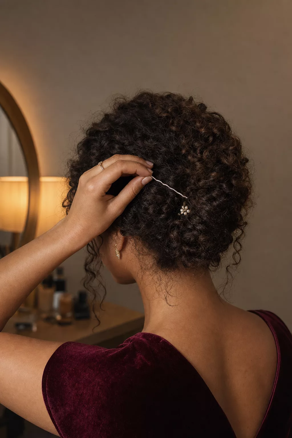French Twist im Nacken wird mit Bobby Pin bei Naturlocken fixiert