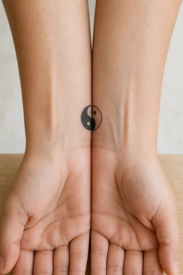 Zwei Handgelenke mit ergänzenden Yin-Yang-Tattoo-Hälften