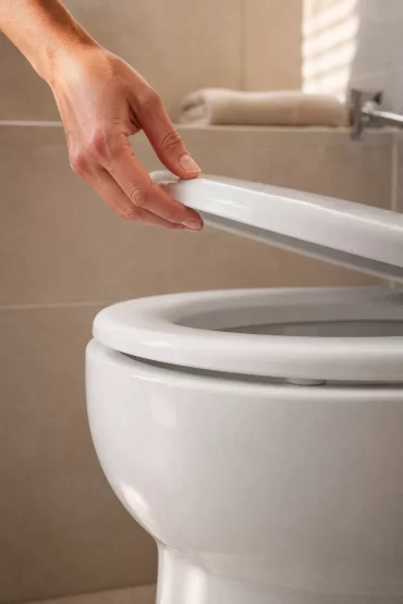Hand schließt den Deckel einer frisch gereinigten, glänzenden Toilette