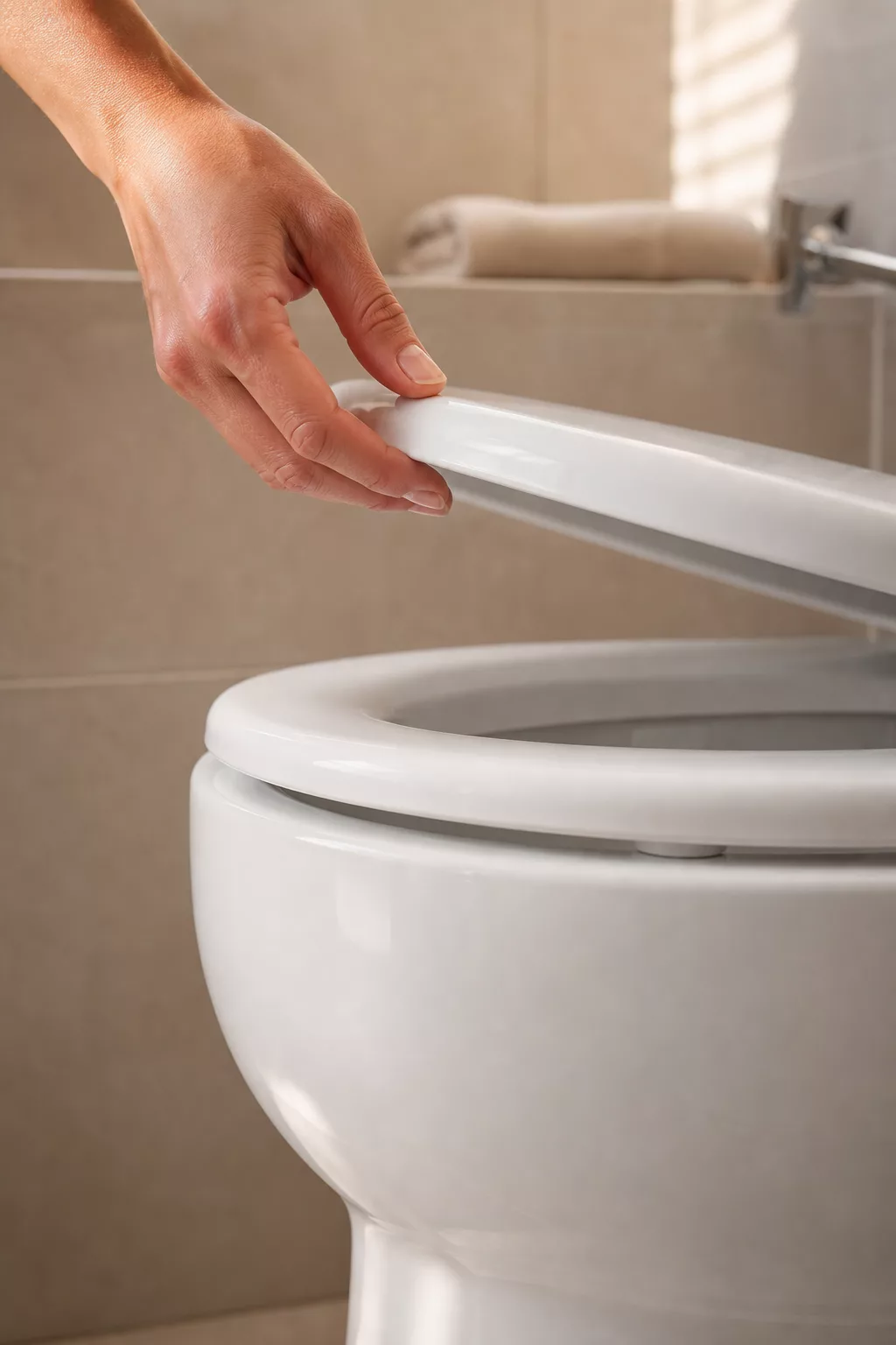 Hand schließt den Deckel einer frisch gereinigten, glänzenden Toilette