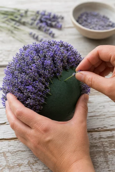Frische Lavendelblüten in eine Steckschaumkugel stecken