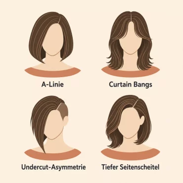 Vier Fachbegriffe für das Friseurgespräch: A-Linie, Curtain Bangs, Tiefer Seitenscheitel, Undercut-Asymmetrie