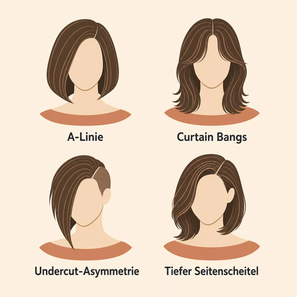 Vier Fachbegriffe für das Friseurgespräch: A-Linie, Curtain Bangs, Tiefer Seitenscheitel, Undercut-Asymmetrie
