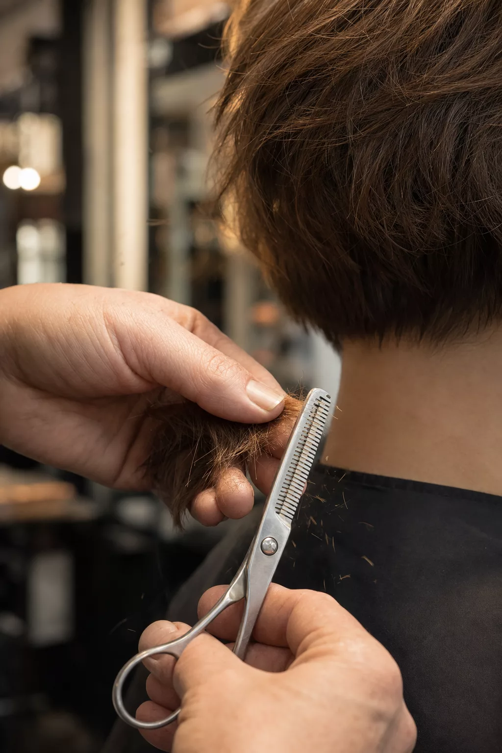 Friseurhände schneiden die Spitzen eines gestuften Bobs