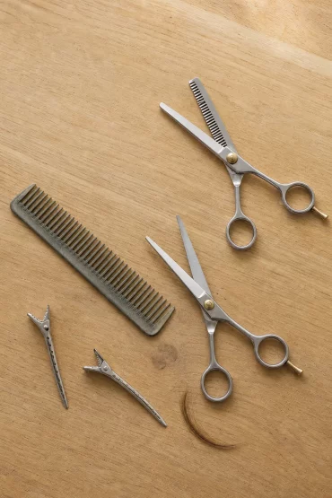 Friseurwerkzeuge für einen gestuften Kurzhaarschnitt im Flatlay