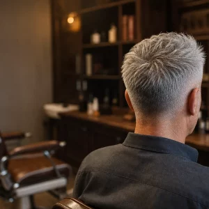Kurzhaarschnitt für graue Haare bei älteren Männern im Barbershop