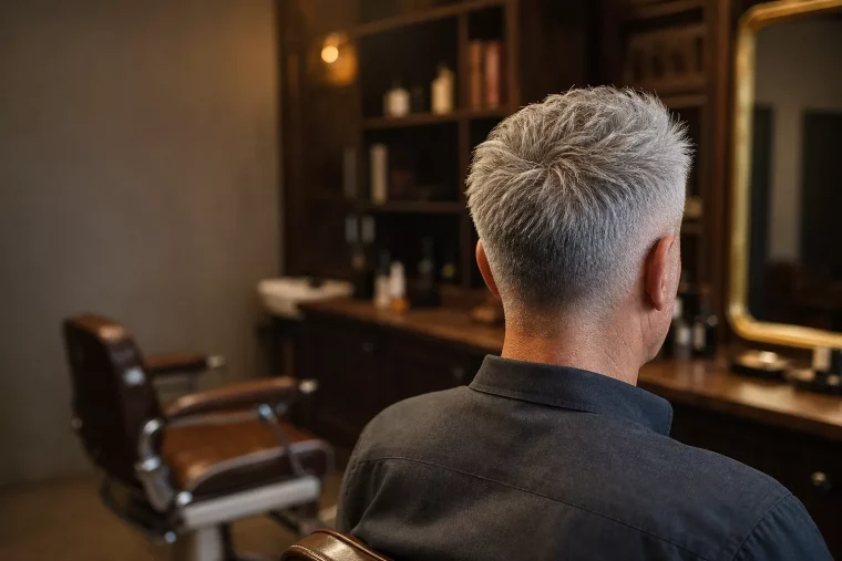 Kurzhaarschnitt für graue Haare bei älteren Männern im Barbershop