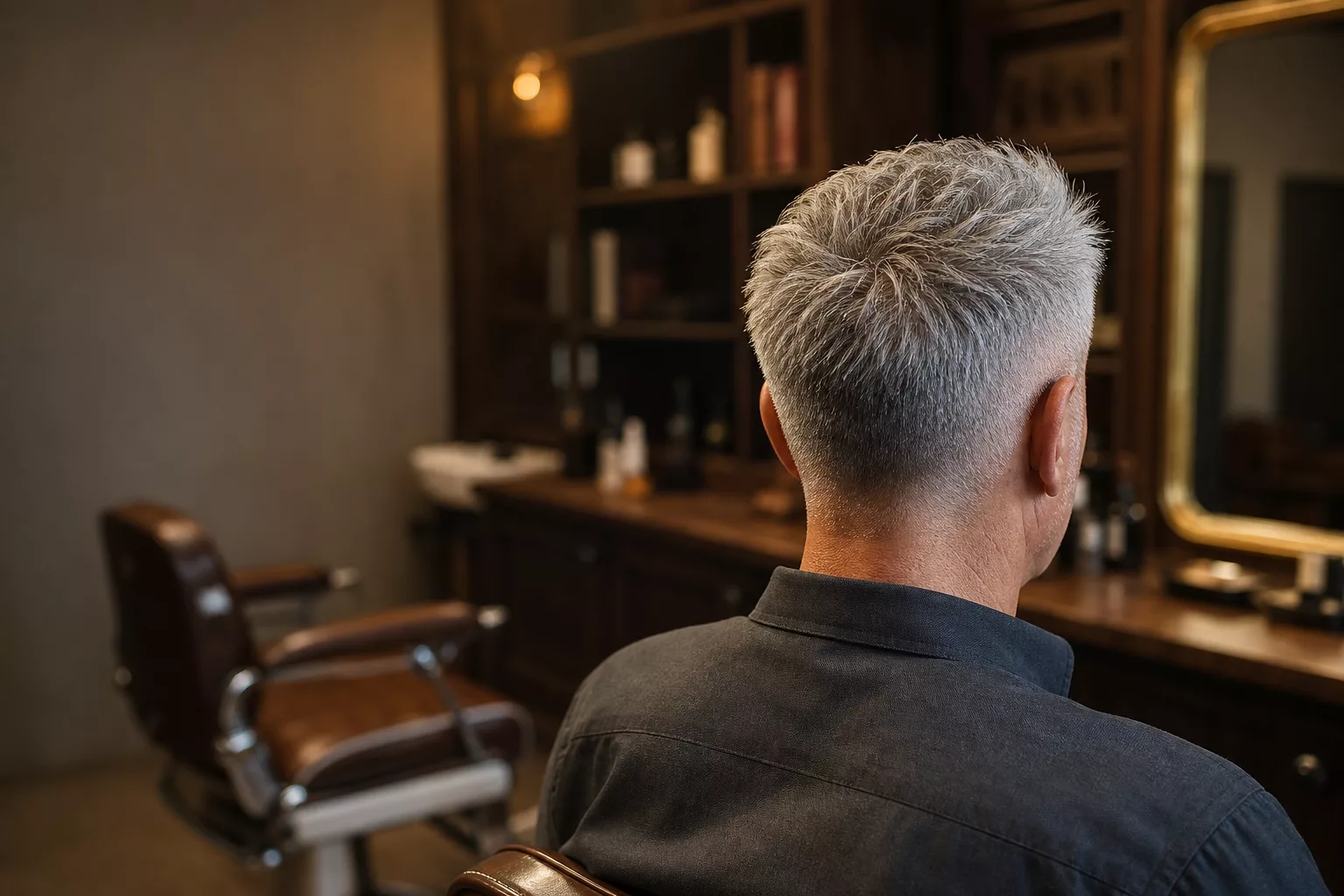 Kurzhaarschnitt für graue Haare bei älteren Männern im Barbershop