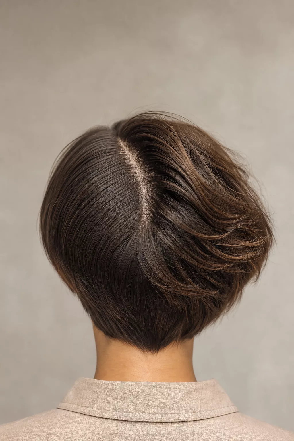 Asymmetrischer Haarschnitt mit tiefem Seitenscheitel, von hinten fotografiert